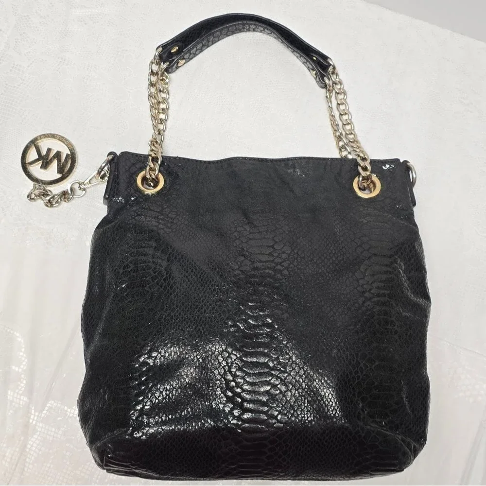 Michael Kors Python Snakeskin Embossed Leather Black Chain Hand Bag Boho Chic